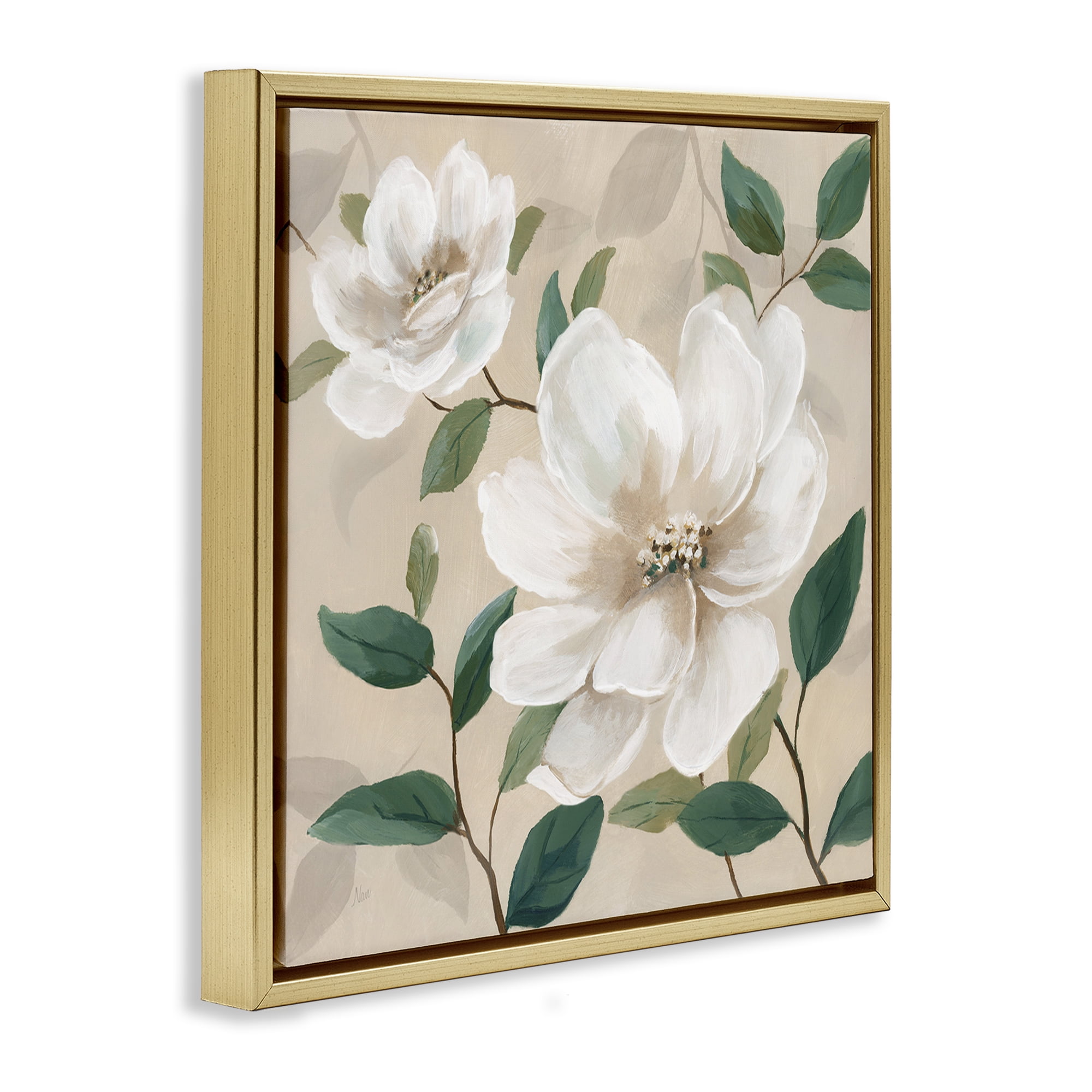 Stupell Industries Serene White Blossom with Leaves Gold Framed Floater Canvas Wall Art, design by Nan