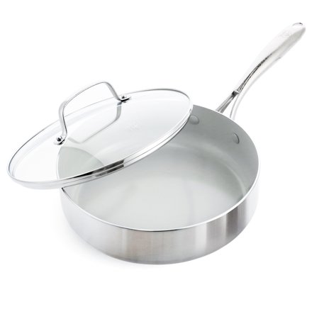 GreenLife Tri-Ply Stainless Steel Healthy Ceramic Nonstick  3.75 Quart Saute Pan with Lid  PFAS-Free  Multi Clad  Induction  Dishwasher Safe  Oven Safe  Silver