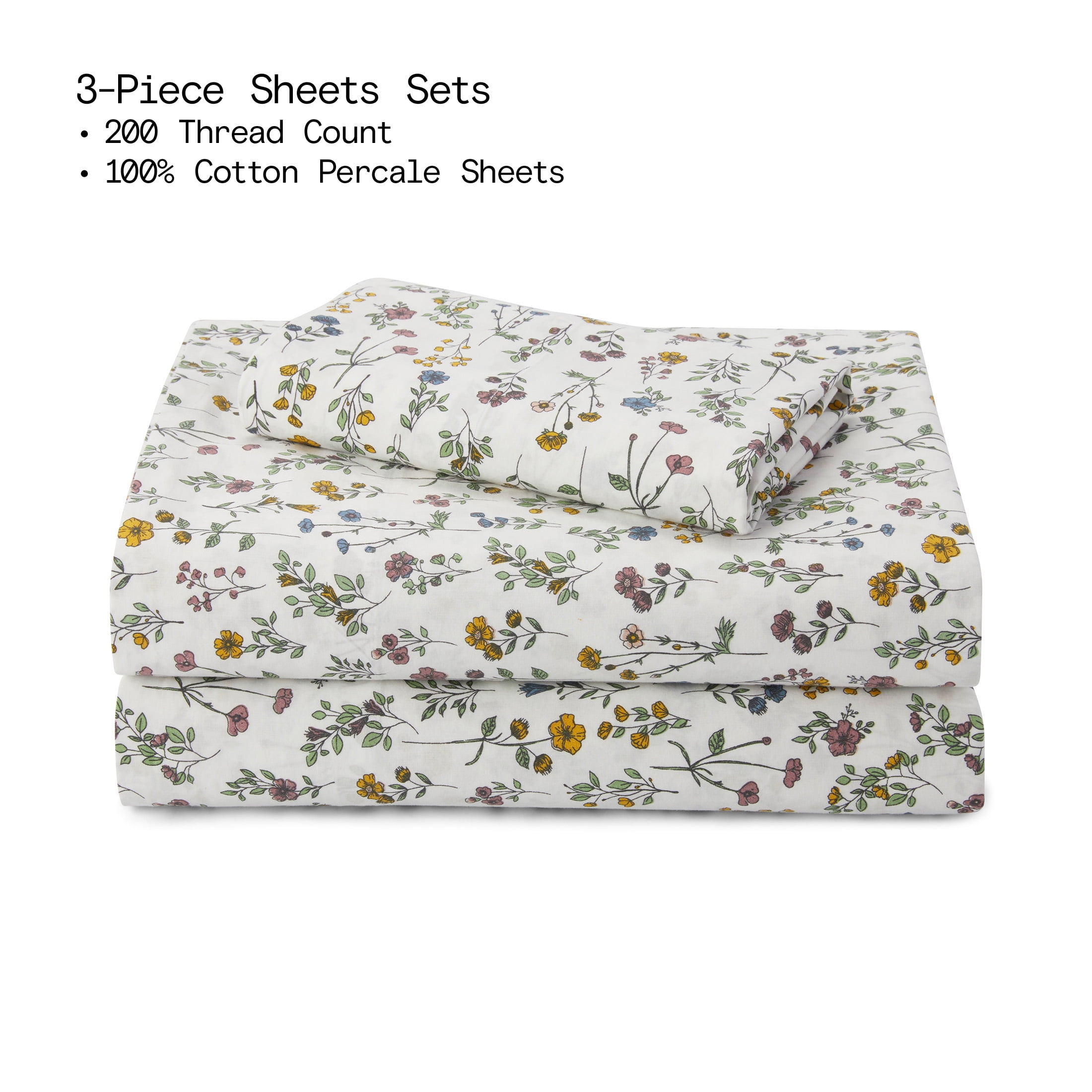 Beautiful Botanical 3-Piece 100% Cotton Percale White Sheet Set, Twin by Drew Barrymore