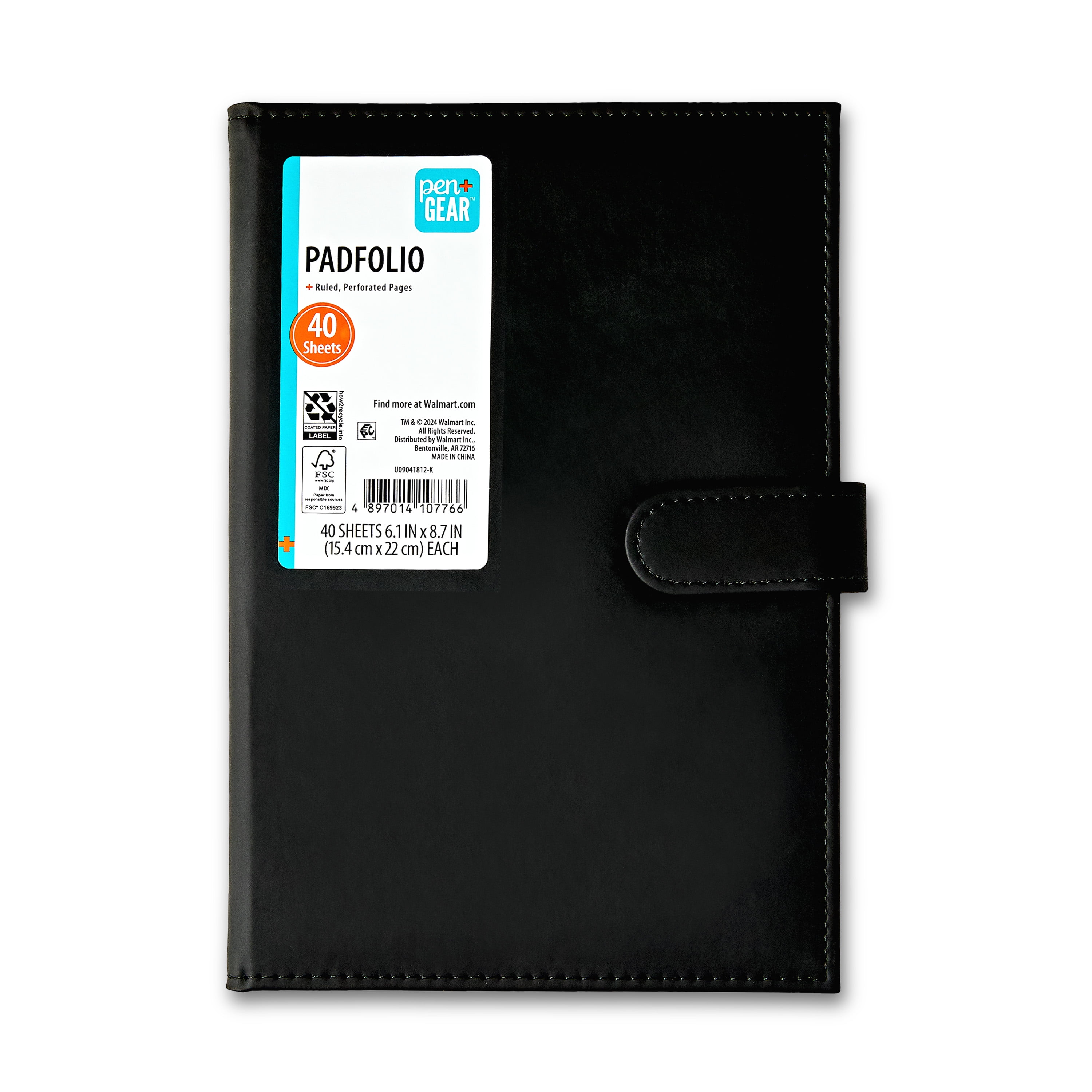 Pen + Gear Medium Leatherette Padfolio, Black Color, College