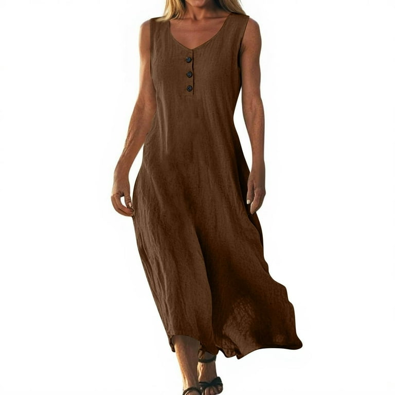 Asdoklhq Jumper Dress for Women Wedding Dress Women'S Solid-Color Casual V-Neck Sleeveless Dress Coffee M