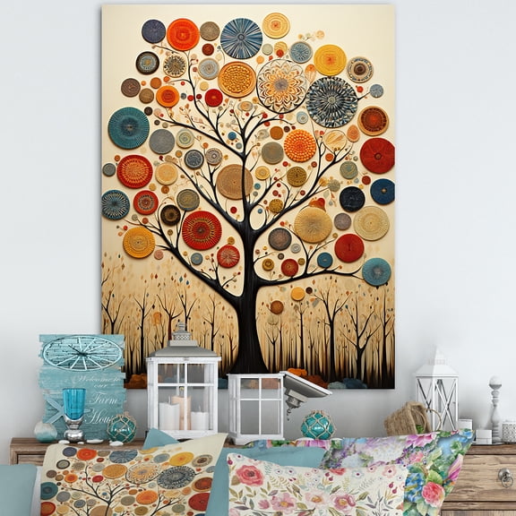 Designart "Essence of American Basswood Tree in Orange" Landscapes Canvas Wall Art - Country Blue Tree Hallway Wall Art Decor