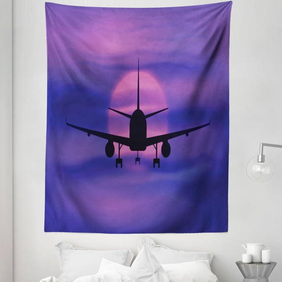 Airplane Tapestry, Plane Silhouette in Dreamy Sunset Sky Vacation Holiday Travel Theme, Fabric Wall Hanging Decor for Bedroom Living Room Dorm, 5 Sizes, Royal Blue Pink Black, by Ambesonne
