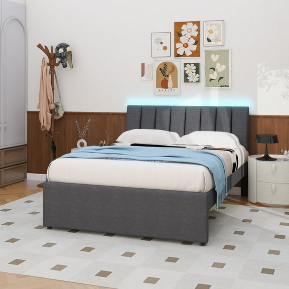 Teddy Fleece Full Size Upholstered Platform Bed with Twin size Trundle, Gray