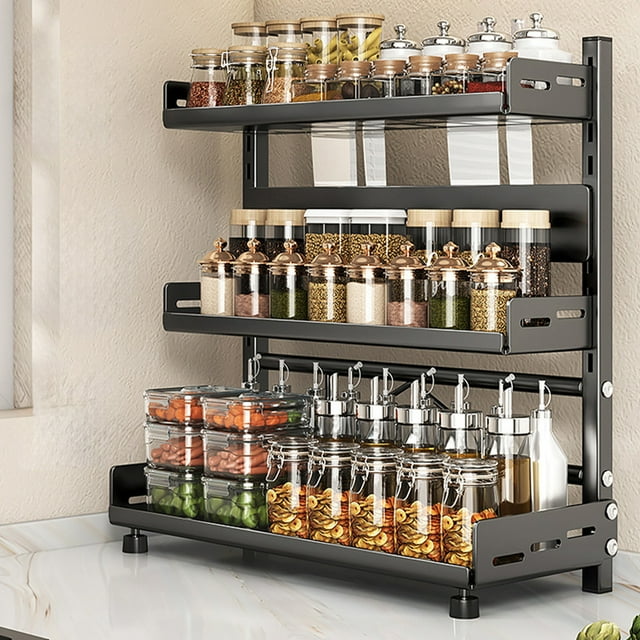 Amzcrzy Home and Kitchen, Storage & Organization, Spice Rack Organizer Carbon Steel Kitchen Rack Organizer Counter Storage Shelf 3-Tier Bathroom Countertop Organizer Rack Organizer
