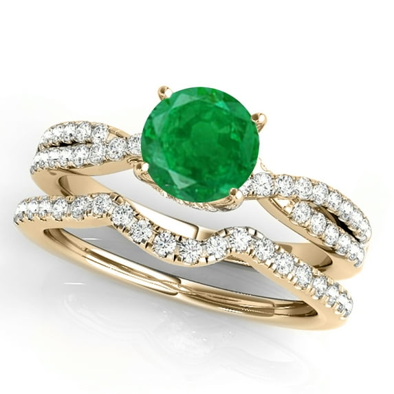 1.20 Ct Halo Emerald & Diamond Engagement Rings - Bridal Set - 14K Gold