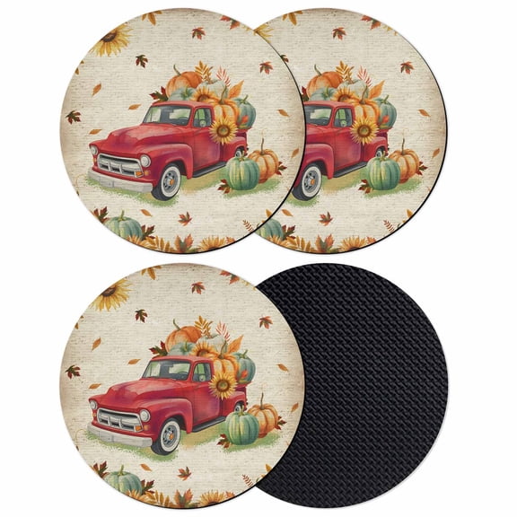 Red Truck Fall Coasters Set of 4, Absorbent Coasters for Drinks, Pumpkins Thanksgiving Sunflower Retro Botanical Coaster for Desk Coffee Table Protection, Home Decor House Warming Gifts 4"