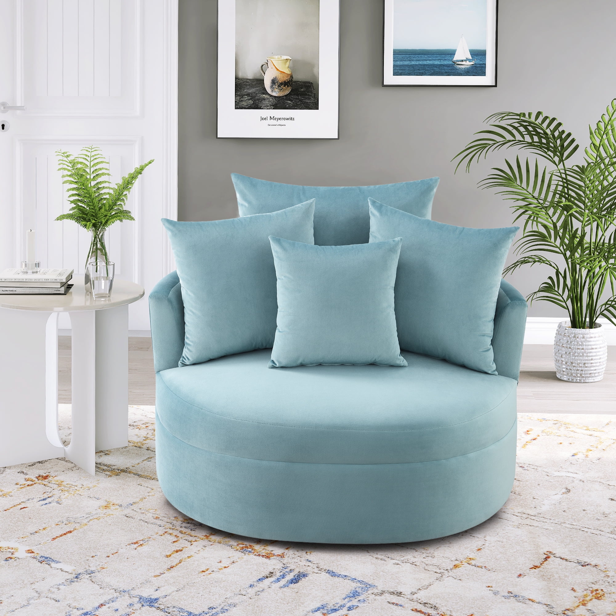 Aukfa 360° Swivel Barrel Chair with 4 Movable Pillows, Modern Sofa Lounge Club Round Chair,Velvet Leisure Chair Round Accent for Living Room,Blue