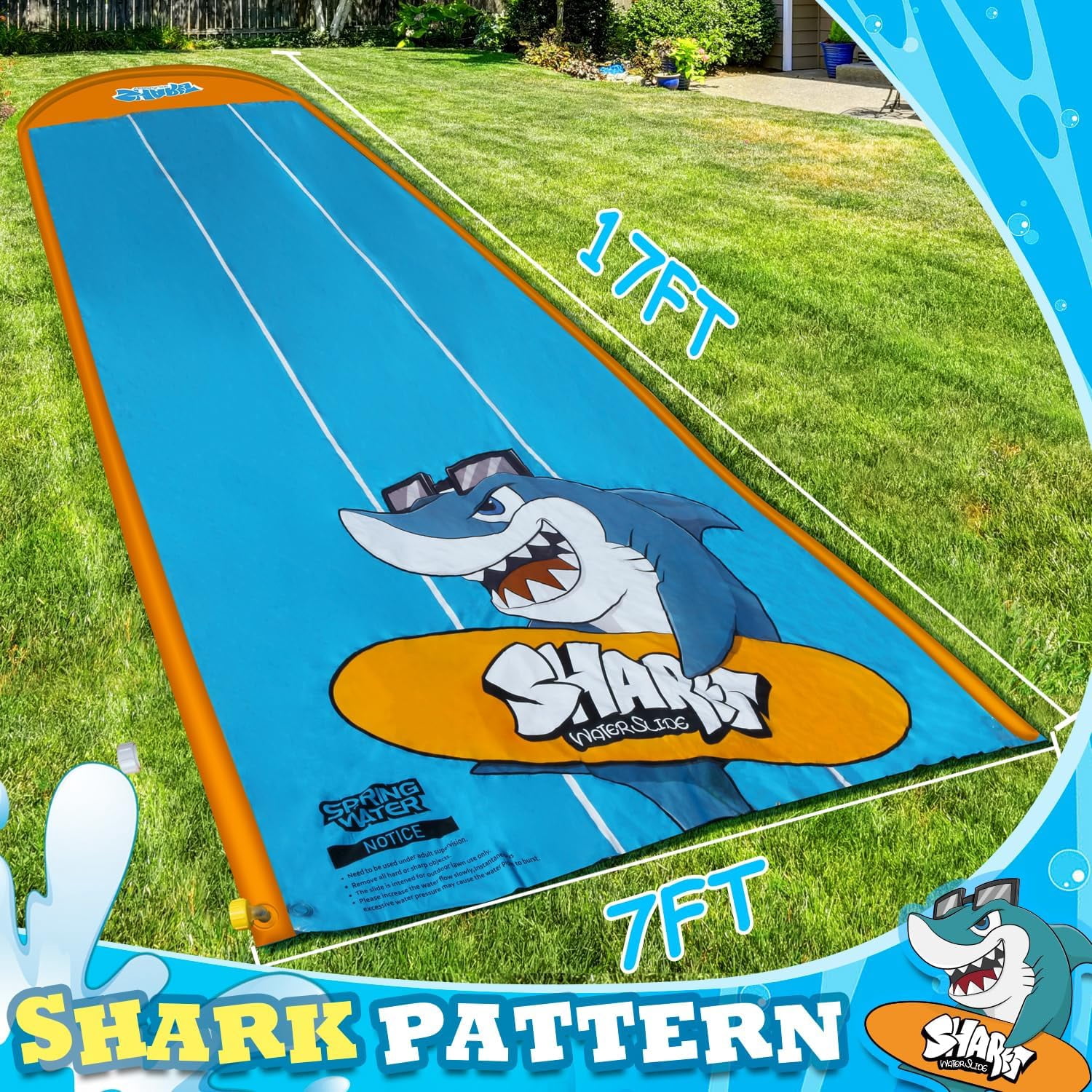 Slip Water Slide, 17ftx7ft Kids Slip Water Slide for Backyard Lawn, 3 Sliding Racing Lanes and 3 Inflatable Bodyboards with Sprinklers, Shark Pattern Outdoor Summer Water Toy