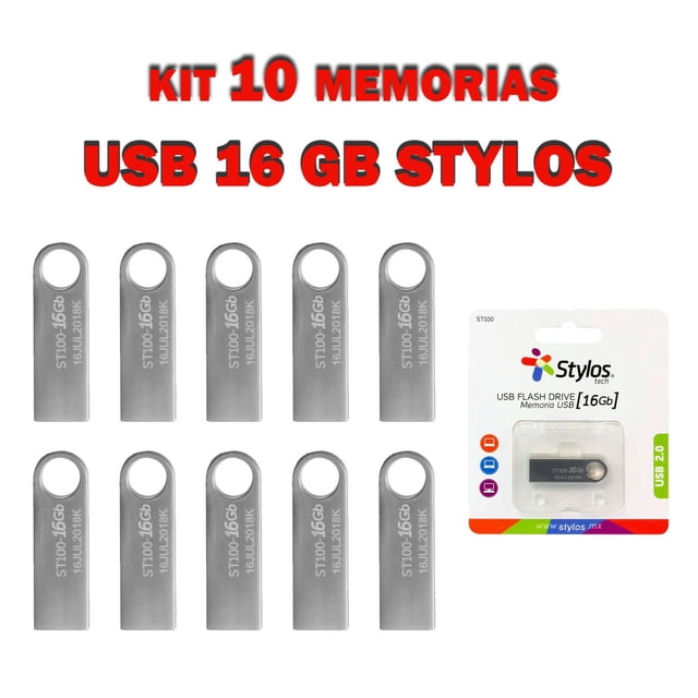 Kit 10 Memorias USB STYLOS 16GB 2.0 Metalica Plata STMUSB2B