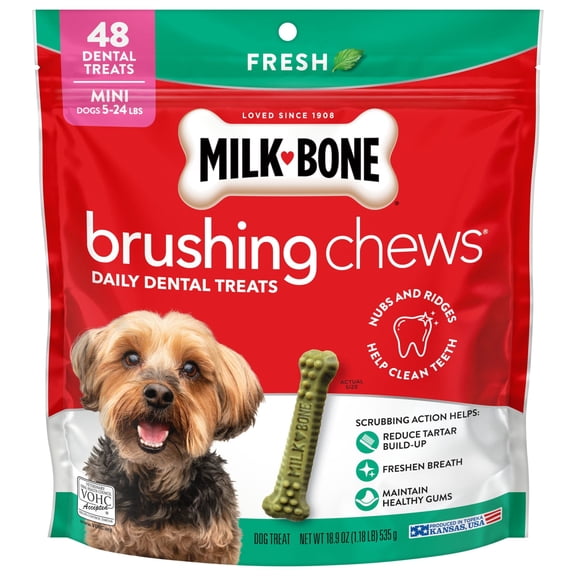 Milk Bone Brushing Chews Daily Dental Dog Treats, Fresh Breath, Mini, 18.9 oz Bag, 48 Bones Per Bag