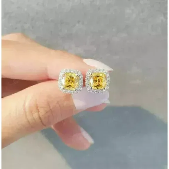 4.50Ct Cushion Cut Canary Diamond Lab-Created Earrings 14K White Gold Plated