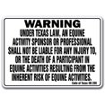 thumbnail image 1 of TEXAS Equine Sign activity liability warning statute horse farm barn stable, 12" X 18" Rigid Plastic, 1 of 1