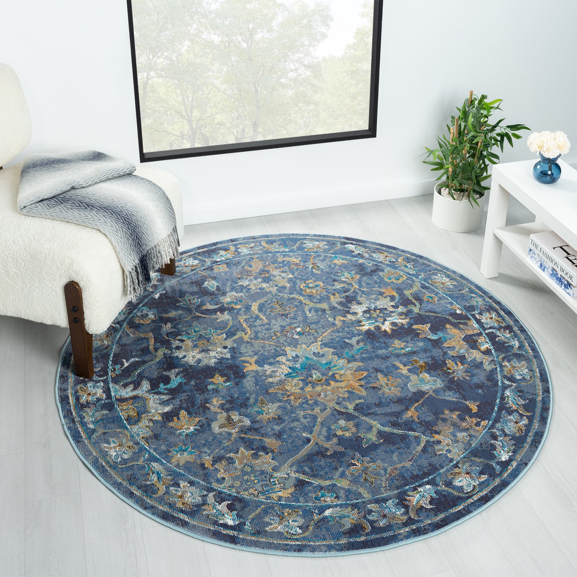 Laddha Home Designs 7.5' Floral Bordered Round Area Throw Rug - Multicolor