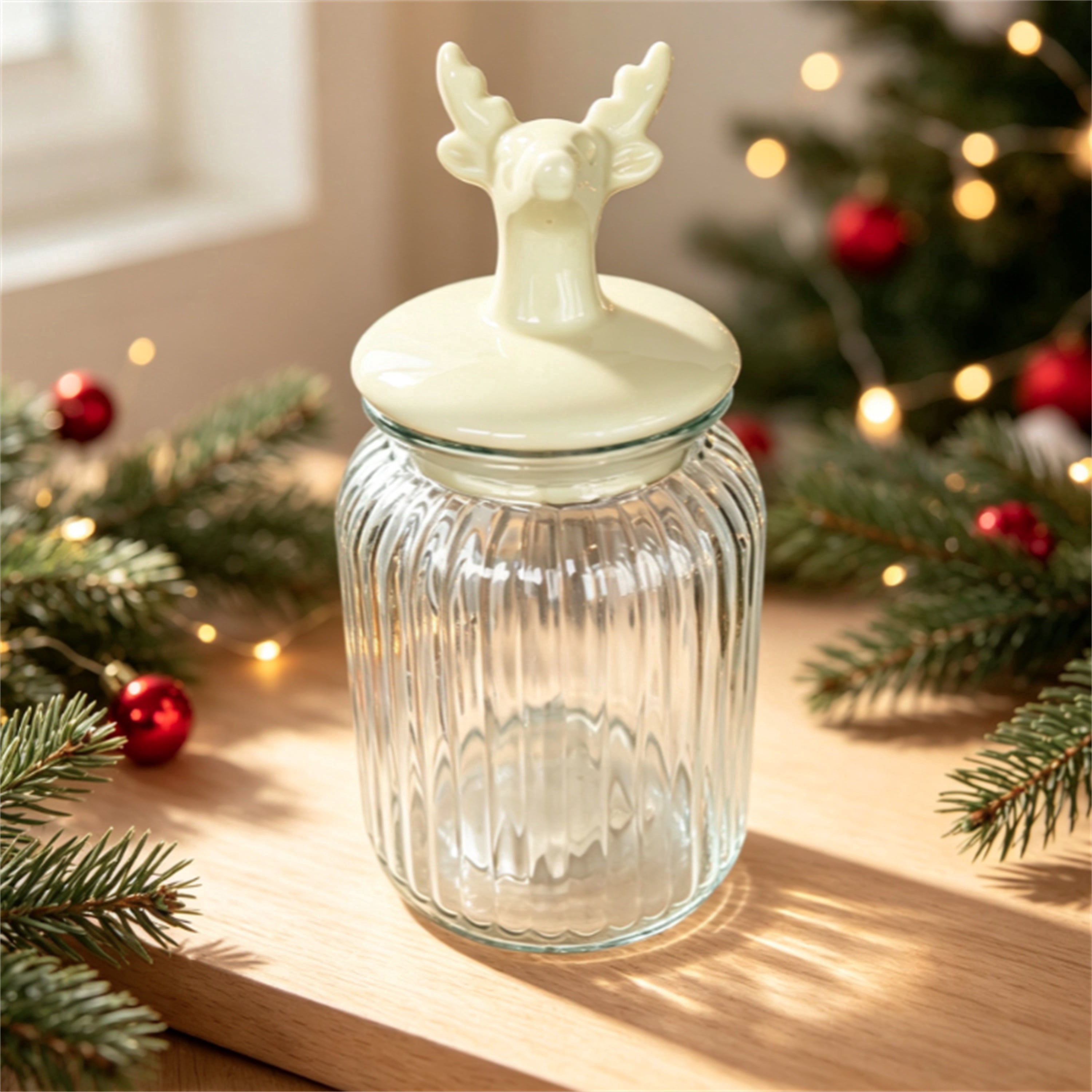 Glass Jar with Ceramic Deer Head Lid Christmas Decoration, Clear and White, 8.8", by Holiday Time