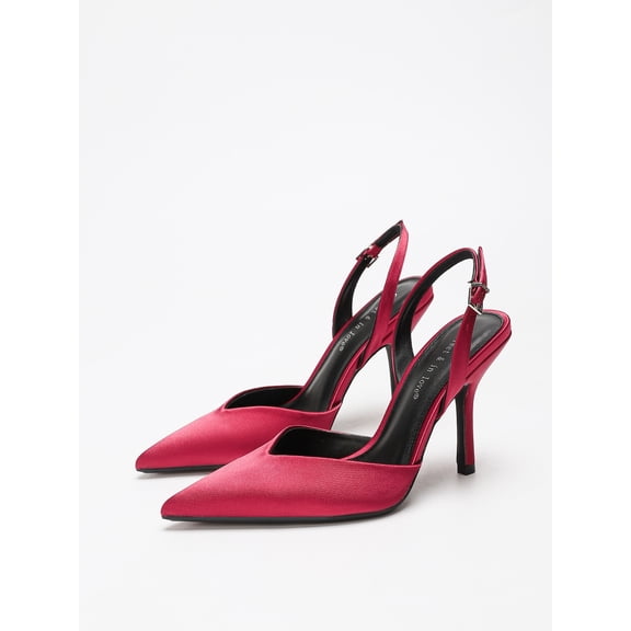 On feet& in love Red wine Satin Slingback High Heels for Women, Pointed Toe Adjustable Buckle Stiletto Pumps, Elegant Bridal Wedding Shoes for Party Formal Events