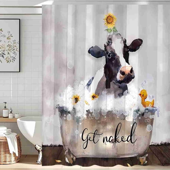 70x70 inch Whimsical Cow in Bathtub with Sunflower and Duck Shower Curtain, Waterproof Polyester Fabric with Hooks for Bathroom Decor