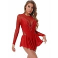 thumbnail image 3 of Doomiva Women Figure Roller Ice Skating Dress Long Sleeve Skirted Keyhole Back Leotards Bodysuit Red L, 3 of 7