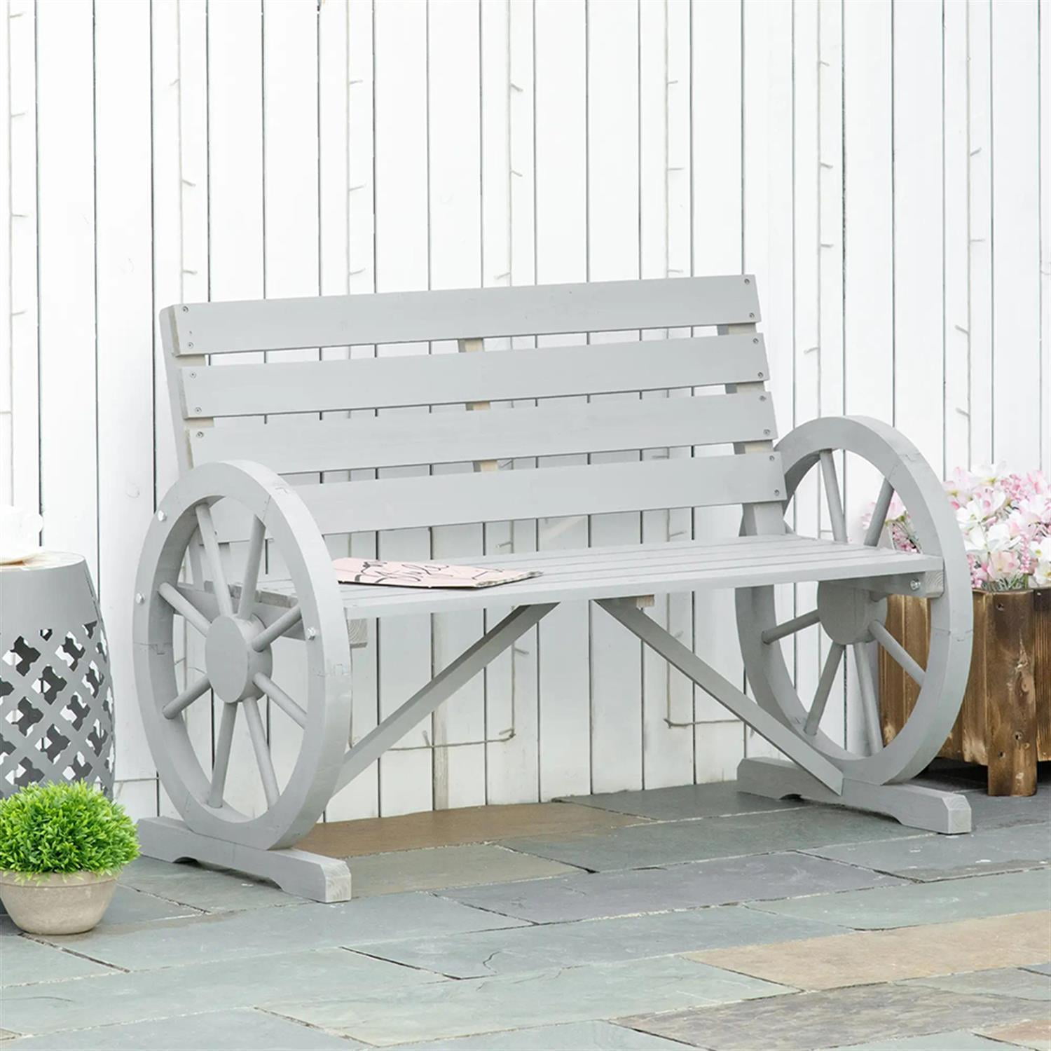 Demi Bonn 41" Patio Garden Bench Wooden Wagon Wheel Bench, Outdoor Benches Furniture with Backrest for Backyard, Park, Lawn, Yard, Gray