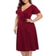 thumbnail image 2 of Falda midi holgada de manga corta con cuello en V, talla grande, color liso, para verano de 2022, color rojo vino, XL, 2 of 5