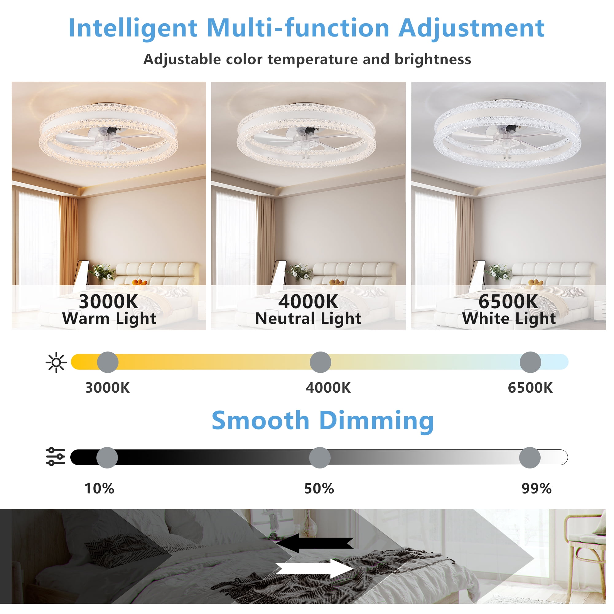 Aezusy Modern 20" Ceiling Fan with Light, Dimmable LED Ceiling Fixture with Invisible Blades & Crystal Accents Remote App Control Quiet Adjustable Color Temperature Fan for Bedroom & Living Room