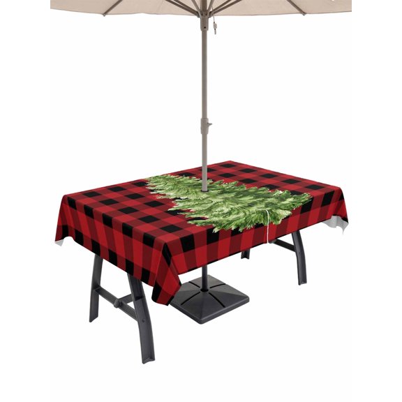 Outdoor Tablecloth with Umbrella Hole and Zipper, Christmas Tree Rectangle Table Cloth 60x84 Inch Waterproof Tablecloth, Buffalo Plaid Xmas Pine Farmhouse Checker Picnic Table Cover for Patio Camping
