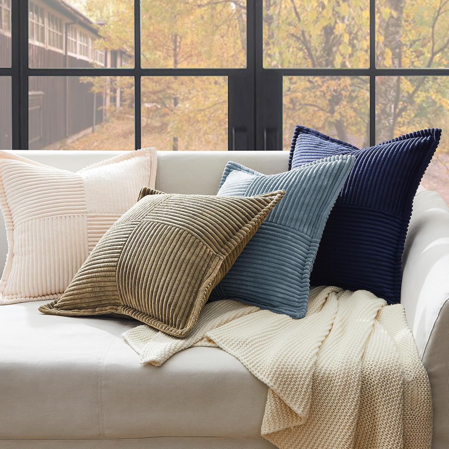 Topfinel 20" x 20" Wide Side Pillowcase,Corduroy Decorative Textured Pillow Cover,Blue,Set of 2