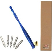 Xiaoyu Calligraphy Oblique Nib Pen Holder, English Calligraphy Pen Nib Holder, Resin Dip Pen Handle Nib Holder with 5 Flat Nibs, Blue