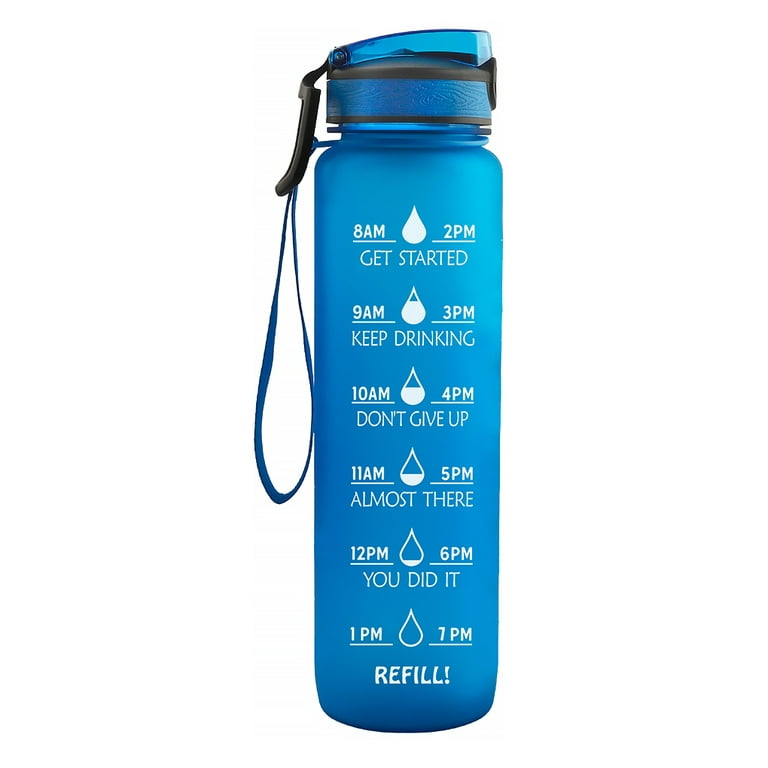 Portable Leakproof Water Bottle with Silicone Straw Refillable Sports  School Timer Marker Drink Cup Campers Adults Accessories Blue 