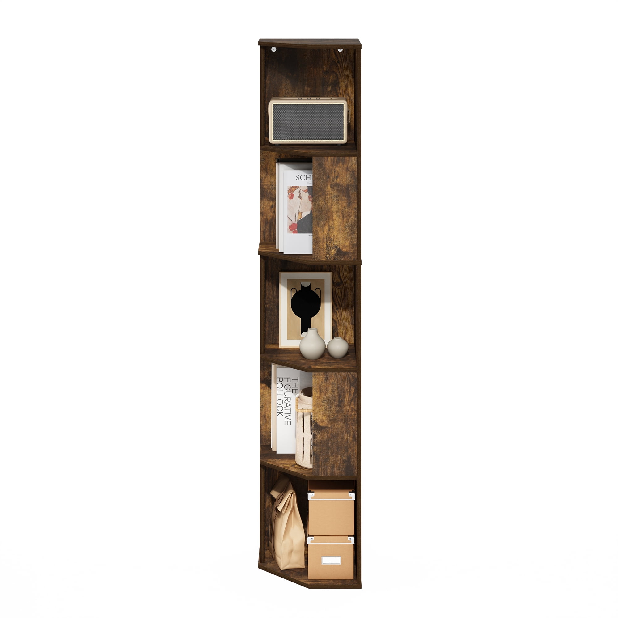 Furinno ECON 5-Tier Freestanding Corner Shelf Bookcase in Bookshelf Amber Pine