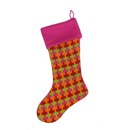 18.5" Fuchsia Multi-Colored Knitted "T" Pattern Christmas Stocking