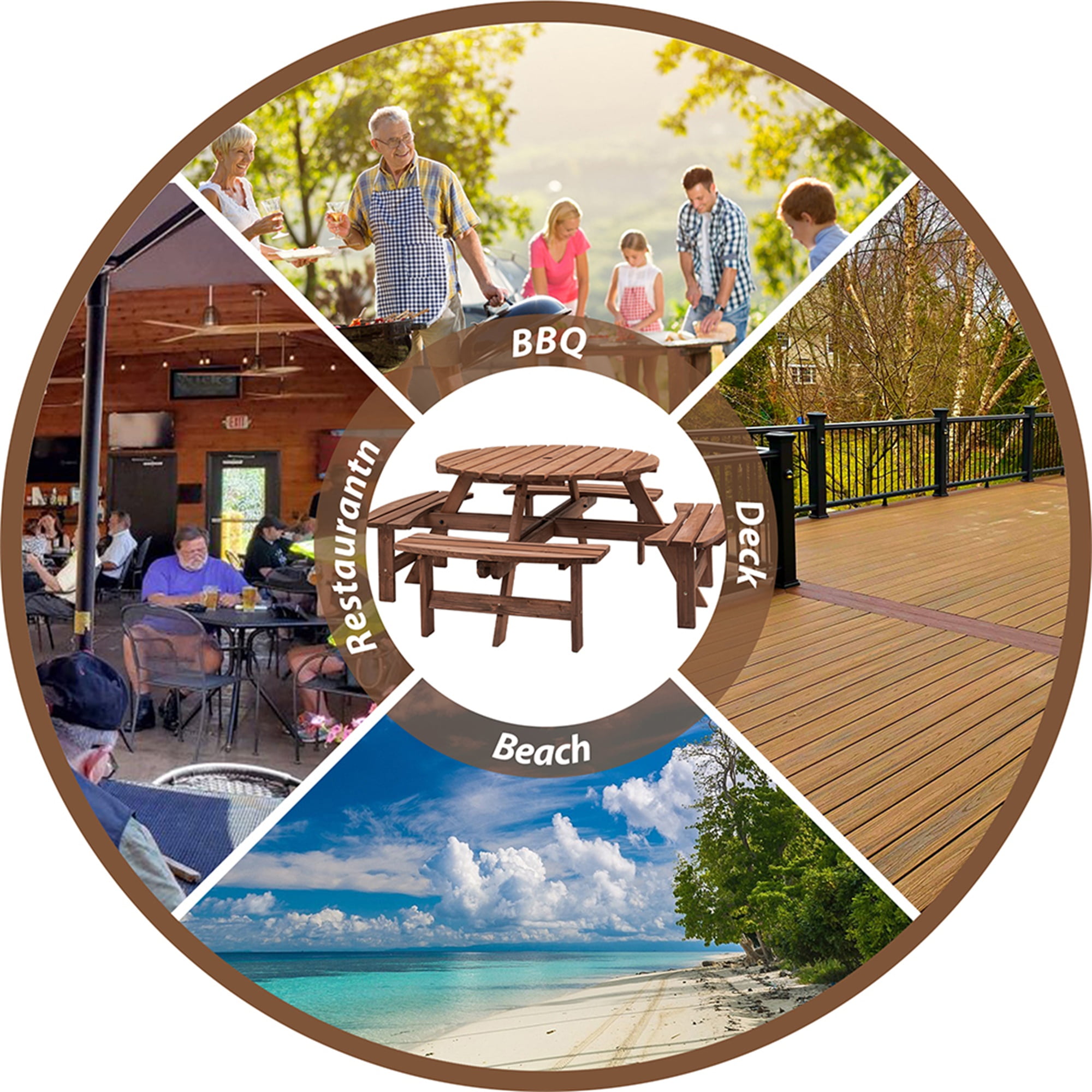 Aimee Lii 8-Person Outdoor Circular Wooden Picnic Table with 4 Built-in Benches for Patio Backyard Garden, Brown Aimee Lii 8-Person Outdoor Circular Wooden Picnic Table with 4 Built-in Benches for Patio Backyard Garden, Brown