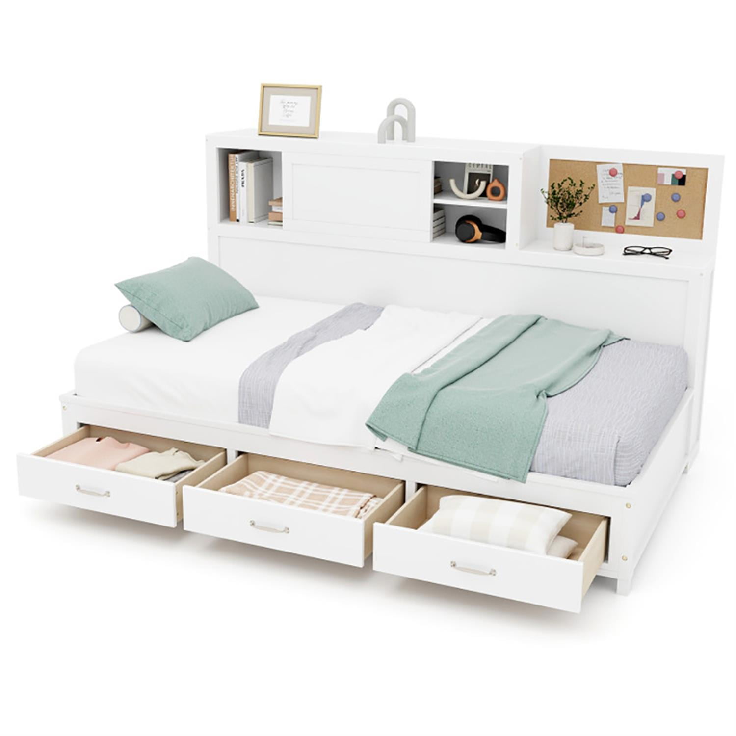 Demi Bonn Full Size Wooden Daybed with 3 Drawers with Storage Shelves, Modern Wooden Bed Frame for Teens, White