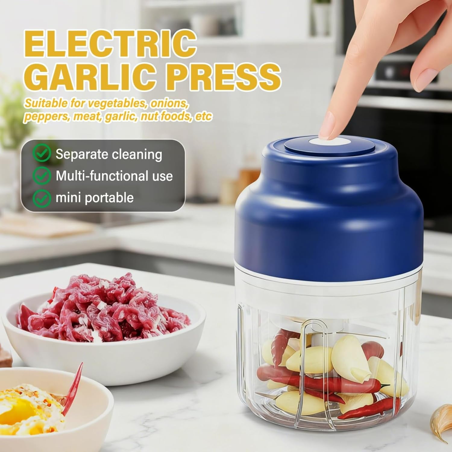 Electric Garlic Chopper,Mini Portable Veggie Cutter, USB Charging Wireless Food Processor for Mashing Onion, Chili, Ginger