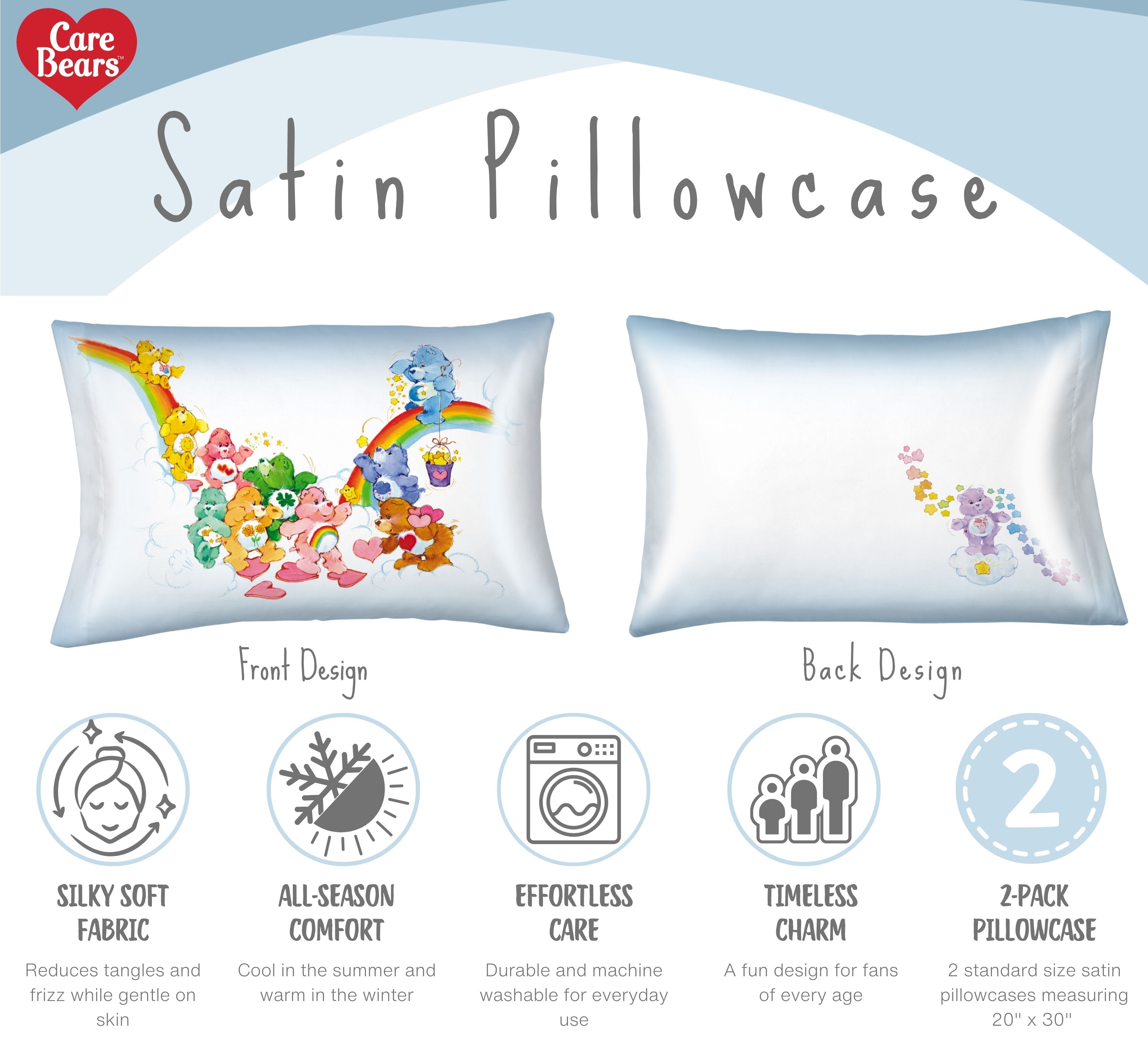 Care Bears White Blue Reversible Silky Satin Pillowcase, Standard Size, 2-Pack