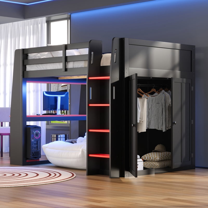 Euroco Wood Full Size Loft Bed with Desk and Wardrobe, High Loft with LED Light and USB Ports, Black