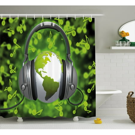 World Shower Curtain Of Music Themed Composition Dj World Shower Curtain Of Music Themed Composition Dj Headphones Musical Notes And Earth Globe