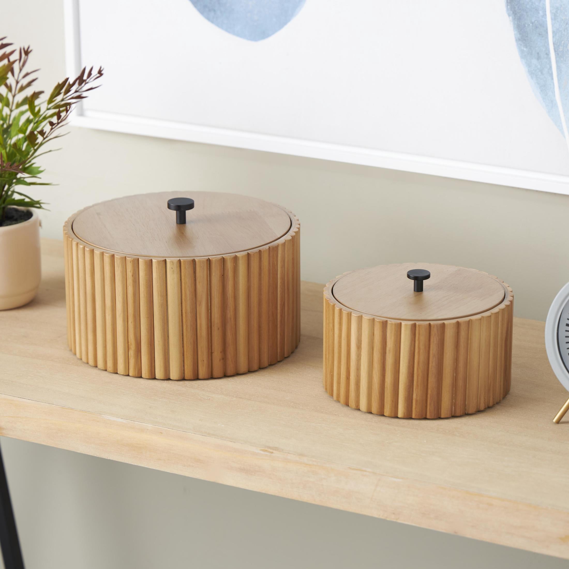 DecMode Handmade Slatted Brown Wooden Decorative Box with Lids, 2 Count