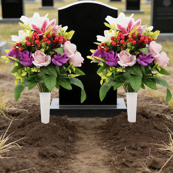 Artificial Cemetery Flowers with Vase,17-headed Roses Bunched With Ribbon,Artificial Rose Bouquet Graveyard Memorial Flowers for Cemetery Headstones Decoration