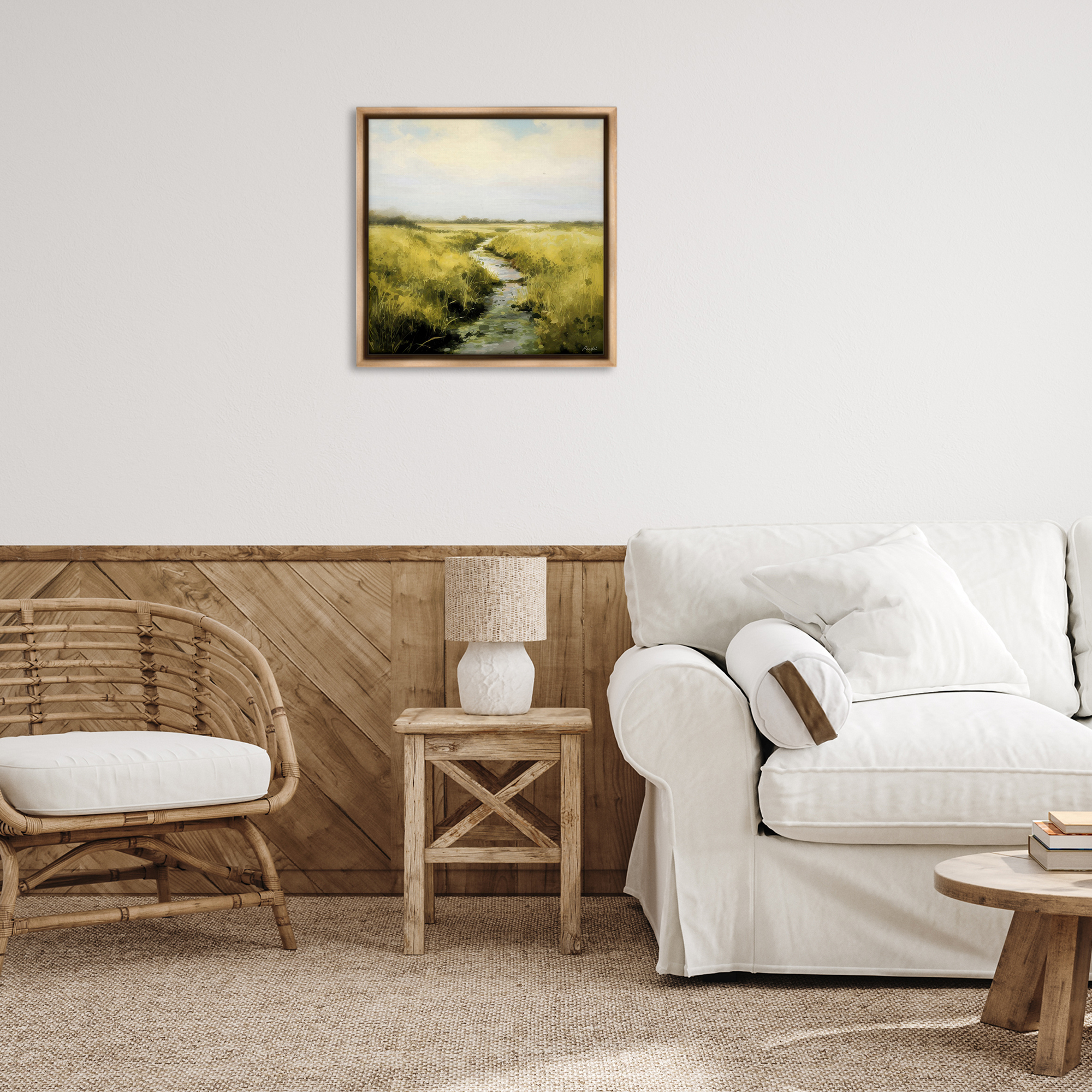 Stupell Industries Calming Horizon Stream Landscape & Nature Painting Brown Floater Framed Canvas Art Print Wall Art, 25 x 25
