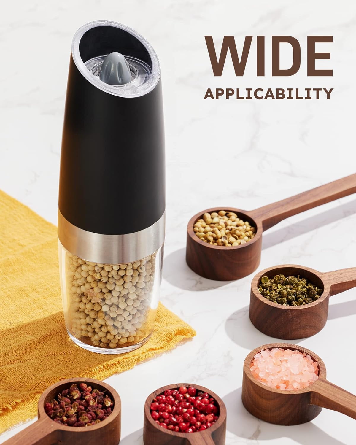 2 Pack Gravity Electric Salt and Pepper Grinder Set Automatic Battery Powered Salt Mill, Adjustable Coarseness, with Blue LED Light
