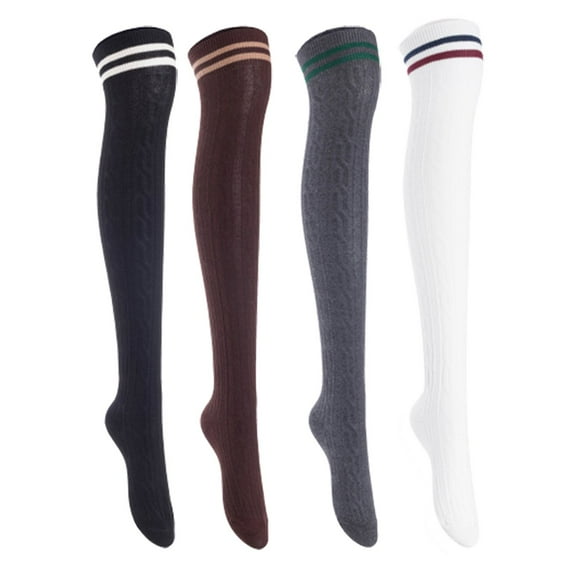Lian Lifestyle Women's 4 Pairs Incredible Durable Super Soft Unique Over Knee High Thigh High Cotton Socks, Size US 6-9, JMYP1023 Black, Coffee, Dark Gray, White