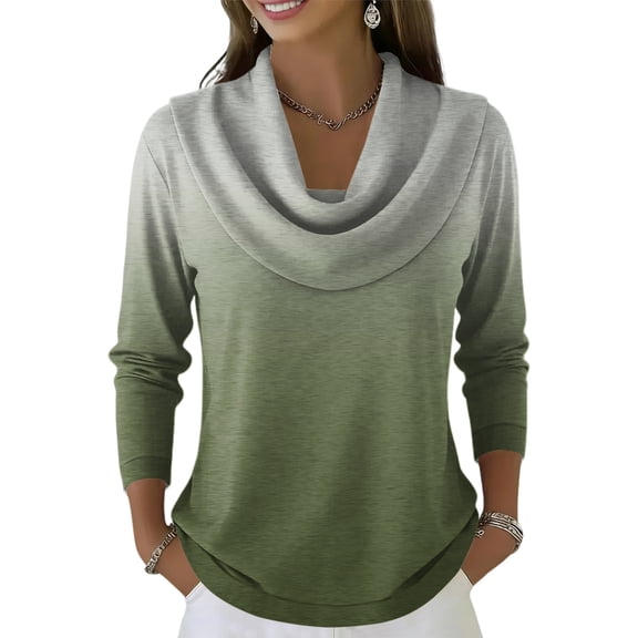 Women's Sweaters Cowl Neck Ribbed Cuffs Long Sleeve Womens Blouses Soft Knit Gradient Color Womens Tops Casual