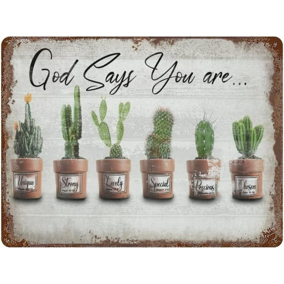 Novelty Tin Sign Cactus God Says You Are Wall Art - Inspirational Sign - Psalms, Bible Verses, Scripture Wall Decor - Religious Encouragement Gifts - Home Living Room Office Posters 12"x16"
