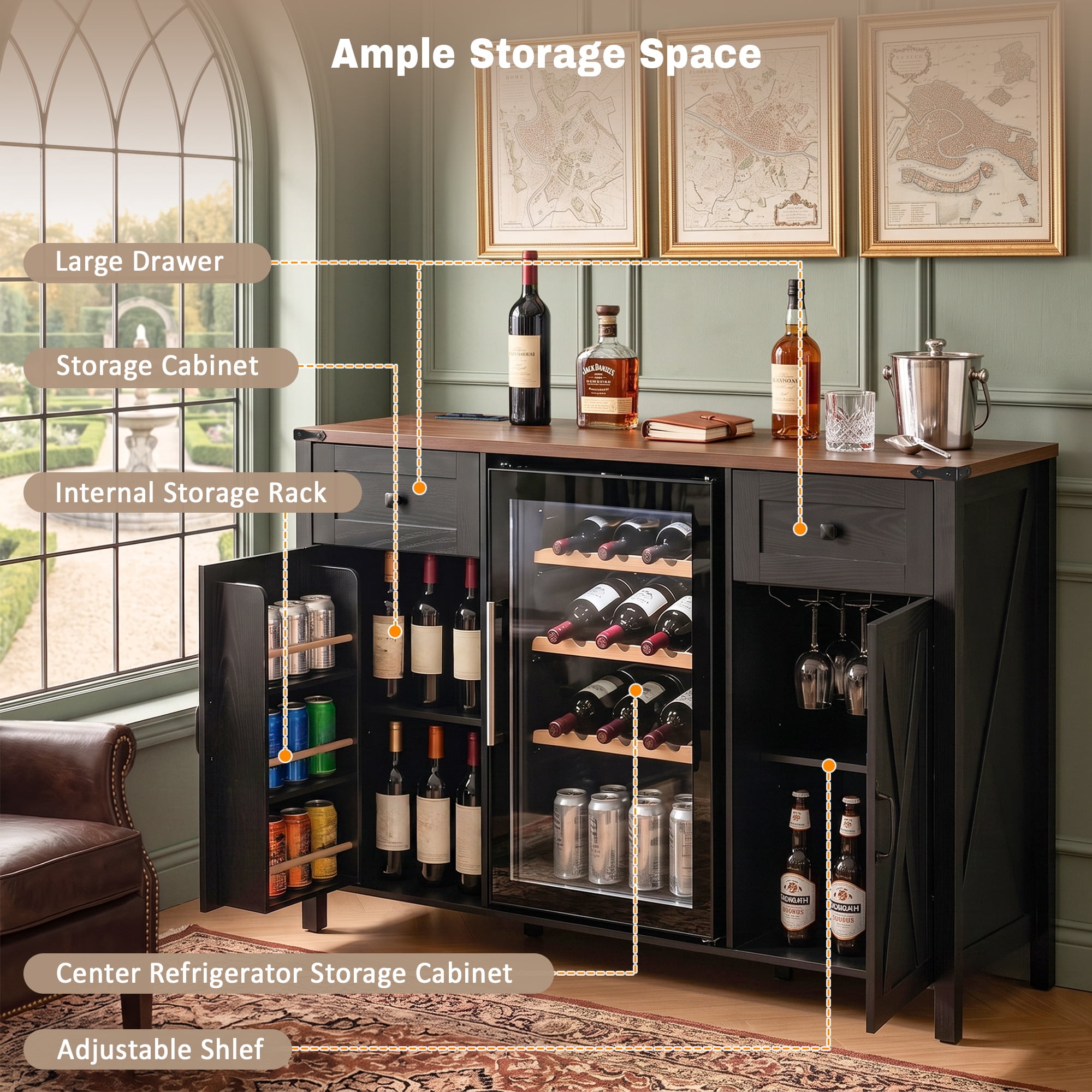 Mintazer 53.2" Farmhouse Coffee Bar Cabinet with Fridge Space & Charging Station, Barn Doors Sideboard Buffet Storage Cabinet with Drawers & Wine Glass Rack for Kitchen Dining Room Home Bar, Black