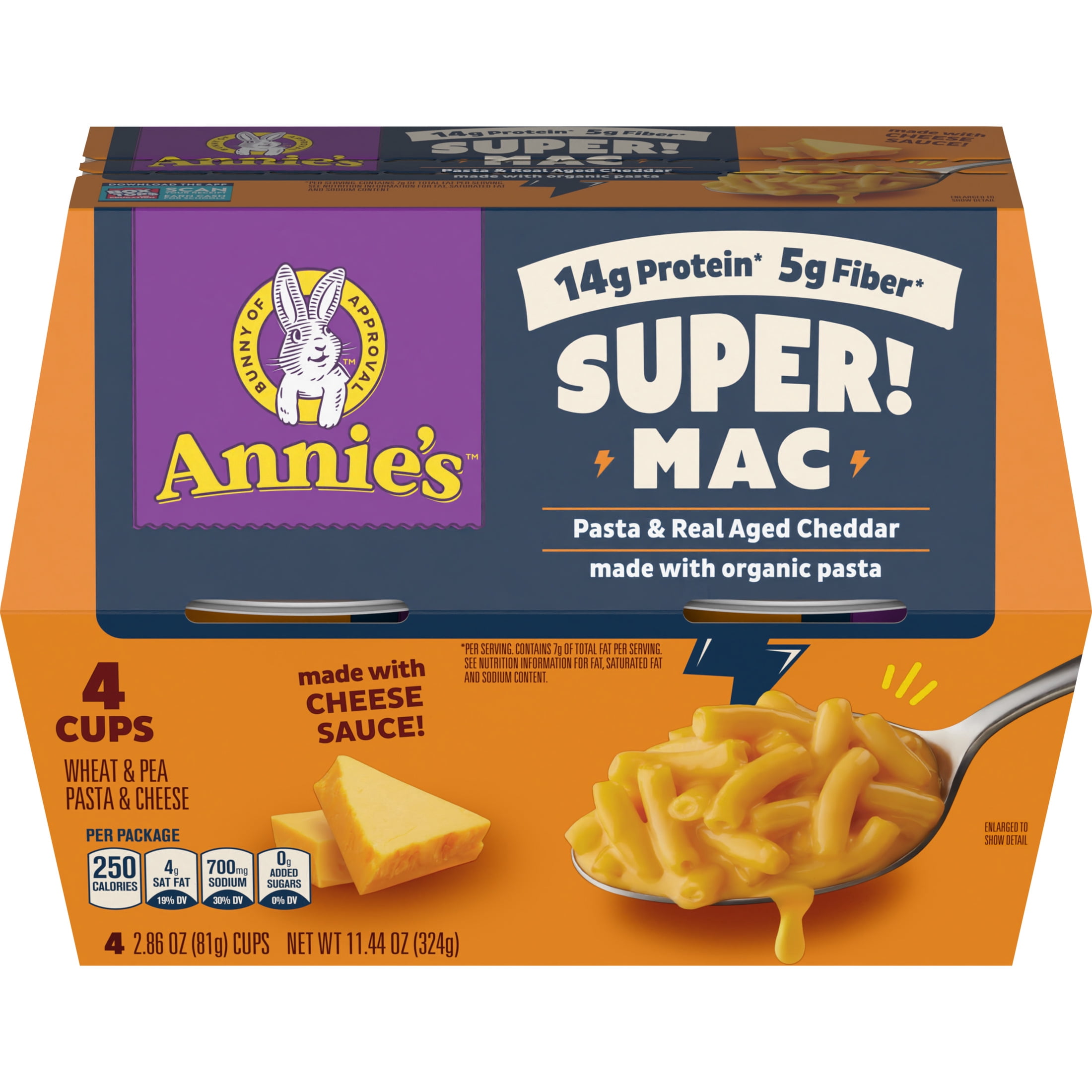 Annie's Super! Mac Microwave Pasta and Real Aged Cheddar Cups, 4 Count, 11.44 oz
