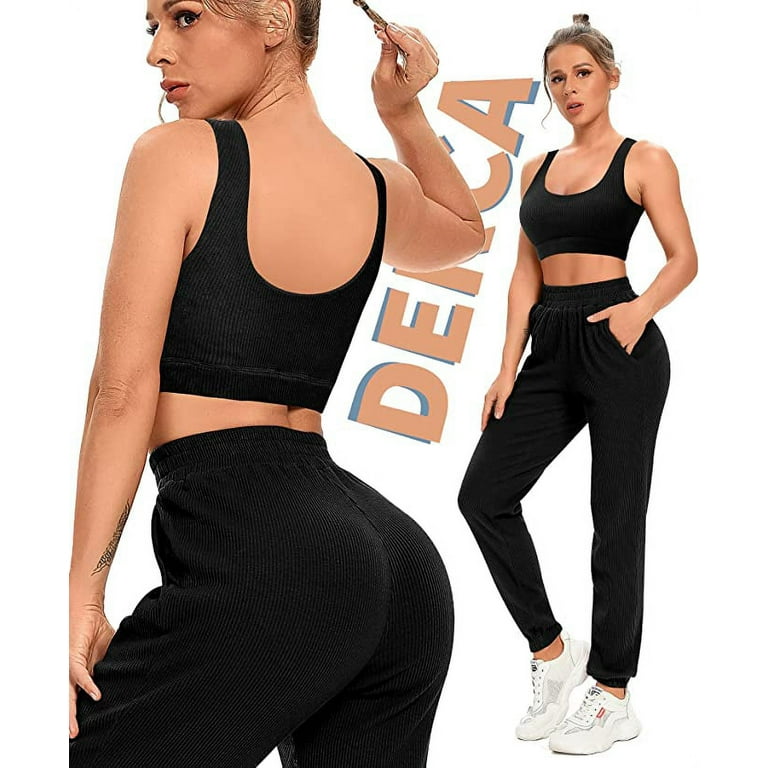 Two Piece Workout Outfits for Women Jogger Sweatpants Sets with Pockets  Ribbed Sports Bra Gym Activewear (Black,Large)