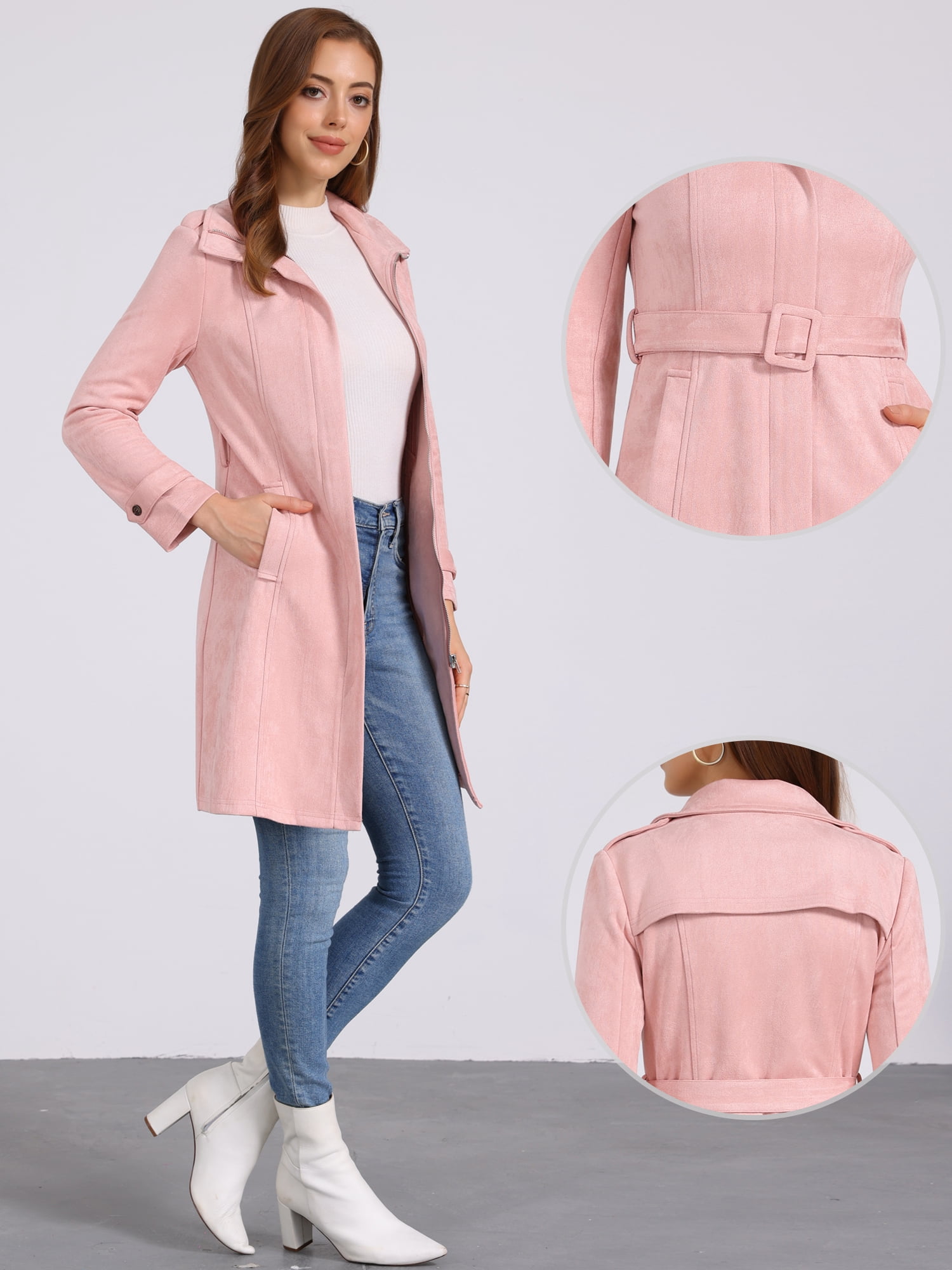 DARING DIVA Women's Faux Suede Coat Belted Zipper Jacket for Stylish Wear L Pink