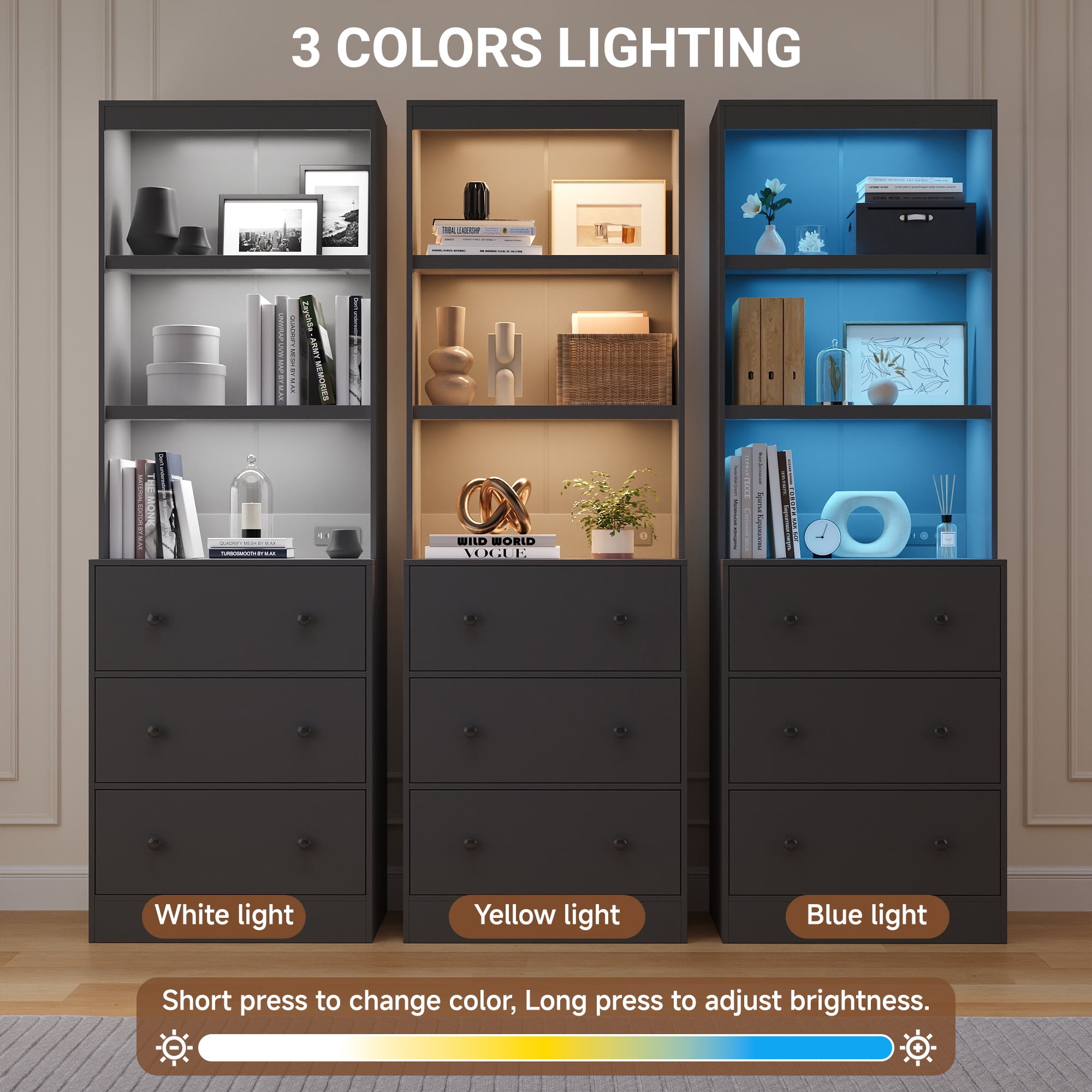 NEGYLIM 2PCS 71" Tall Bookcase with Sensor Lights, Black Bookshelf with Charging Station, Bookshelves with 3 Large Drawers for Living Room Home Office