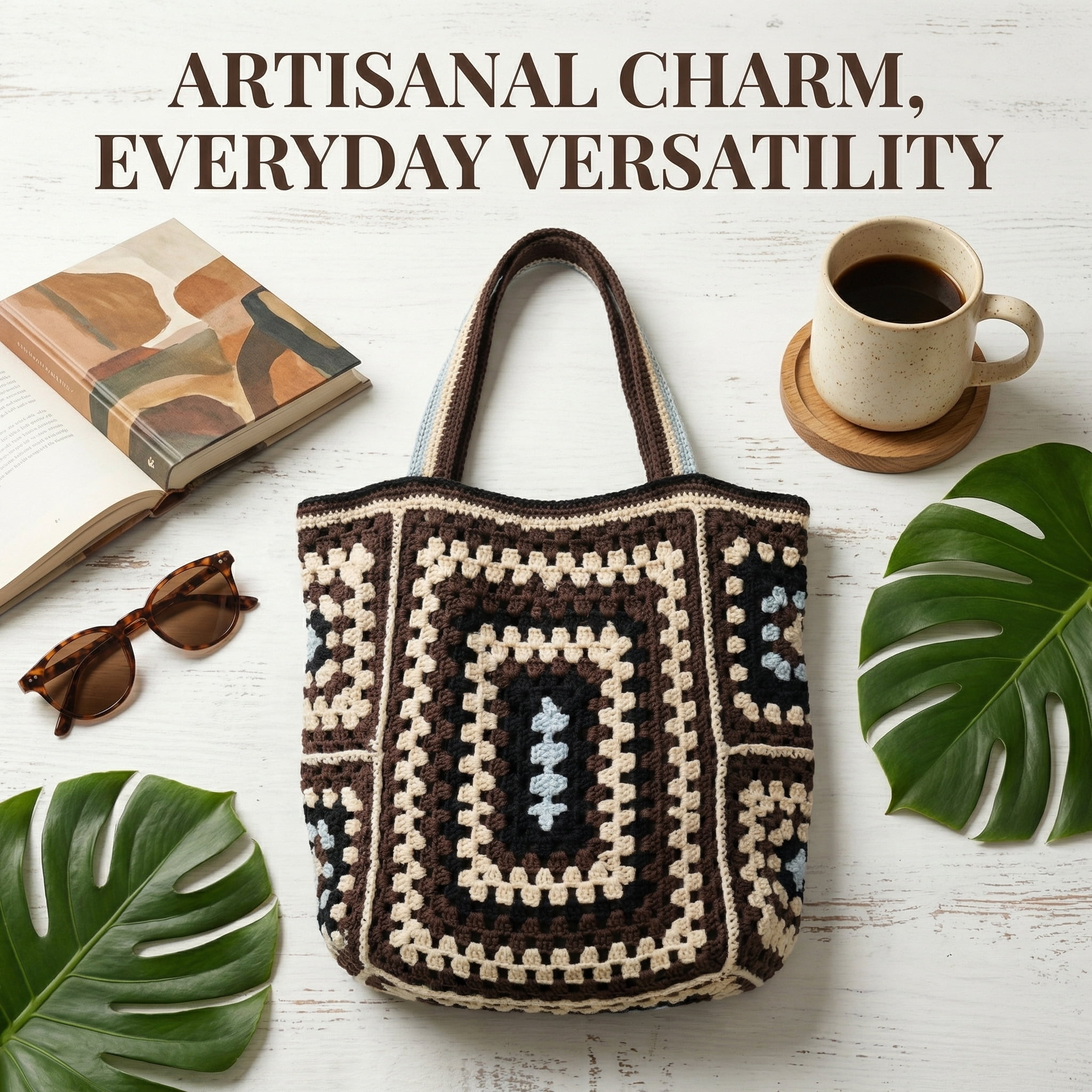 Handmade Crochet Tote Bag for Women, Vintage Granny Square Floral Shoulder Bag with Zipper and Lining, Large Capacity Boho Beach Bag